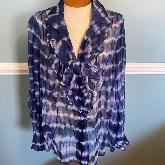 Lafayette 148 New York silk tie dye ruffle chest button bishop sleeve top 24 - Picture 1 of 9